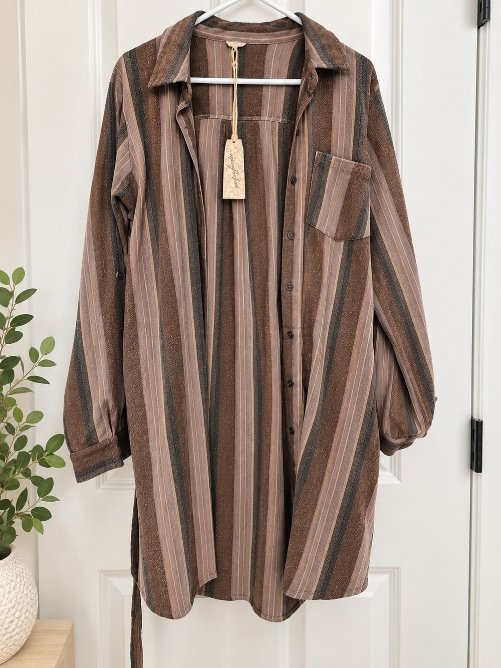 Brown striped oversized tunic/button-up shirt — new, never worn